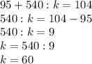 95+540:k=104\\540:k=104-95\\540:k=9\\k=540:9\\k=60