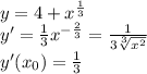 y= 4+x^{\frac{1}{3}} \\y' = \frac{1}{3} x^{-\frac{2}{3}}=\frac{1}{3\sqrt[3]{x^{2}}}\\y'(x_{0} )= \frac{1}{3}