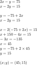 2x - y = 75 \\ x - 2y = 15 \\ \\ y = - 75 + 2x \\ x - 2y = 15 \\ \\ x - 2( - 75 + 2x) = 15 \\ x + 150 - 4x = 15 \\ - 3x = - 135 \\ x = 45 \\ y = - 75 + 2 \times 45 \\ y = 15 \\ \\ (x;y) = (45;15)