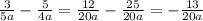 \frac{3}{5a} - \frac{5}{4a} = \frac{12}{20a} - \frac{25}{20a} = - \frac{ 13}{20a}