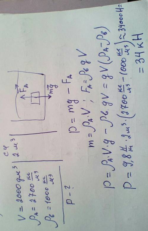 Найти вес алюминиевой детали объемом 2000 дм³ лежащего на дне водоема с пресной водой. Плотность алю
