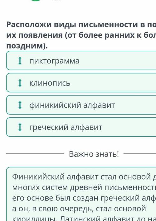 Каково культурное наследие древнего мира? Урок 1 Расположи виды письменности в порядке их появления