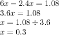 6x - 2.4x = 1.08 \\ 3.6x = 1.08 \\ x = 1.08 \div 3.6 \\ x = 0.3