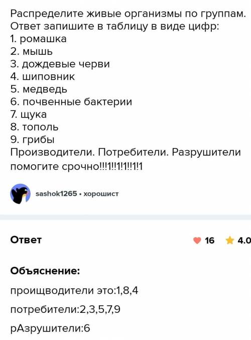 Распределите живые организмы по группам. ответ запишите в виде цифр:  123456 Производители-Потребите