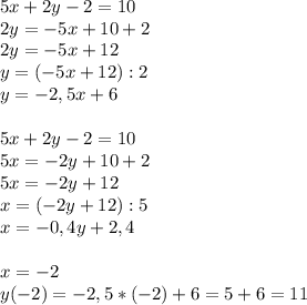 5x+2y-2=10\\2y=-5x+10+2\\2y=-5x+12\\y=(-5x+12):2\\y=-2,5x+6\\\\5x+2y-2=10\\5x=-2y+10+2\\5x=-2y+12\\x=(-2y+12):5\\x=-0,4y+2,4\\\\x=-2\\y(-2)=-2,5*(-2)+6=5+6=11