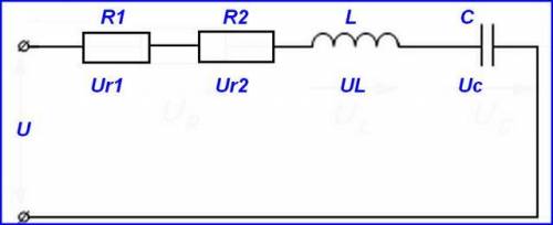 Круг содержит последовательно соединенные элементы: резисторы и реактивные элементы R1 = 36 Ом, R2 =