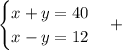 \begin{cases} x + y = 40 \\ x - y = 12\end{cases} { +} \: \: \: \: