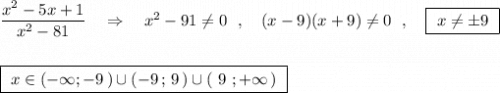 \dfrac{x^2-5x+1}{x^2-81}\ \ \ \Rightarrow \ \ \ x^2-91\ne 0\ \ ,\ \ \ (x-9)(x+9)\ne 0\ \ ,\ \ \ \boxed{\ x\ne \pm 9\ }\\\\\\\boxed{\ x\in (-\infty ;-9\, )\cup (-9\, ;\, 9\, )\cup (\ 9\ ;+\infty \, )\ }