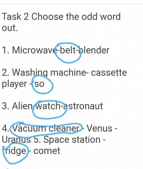 Task 2 Choose the odd word out. 1. Microwave-belt-blender2. Washing machine- cassette player – scarf