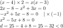 (x - 4) \times 2 = x(x - 3) \\ 2x - 8 - {x}^{2} + 3x = 0 \\ { - x}^{2} + 5x - 8 = 0 \: \: \: \: \: | \times ( - 1) \\ {x}^{2} - 5x + 8 = 0 \\ d = 25 - 4 + 8 = 25 - 32 < 0