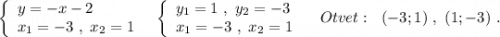 \left\{\begin{array}{l}y=-x-2\\x_1=-3\ ,\ x_2=1\end{array}\right\ \ \left\{\begin{array}{l}y_1=1\ ,\ y_2=-3\\x_1=-3\ ,\ x_2=1\end{array}\right\ \ \ Otvet:\ \ (-3;1)\ ,\ (1;-3)\ .