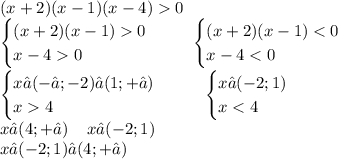 (x + 2)( x - 1)(x - 4) 0 \\ \begin {cases}(x + 2)(x - 1) 0 \\ x - 4 0\end {cases} \: \: \: \: \: \: \: \begin {cases}(x + 2)(x - 1) < 0 \\ x - 4 < 0\end {cases} \\ \begin {cases}x∈( -∞ ; - 2)⋃(1; + ∞) \\ x 4\end {cases} \: \: \: \: \: \: \: \: \begin {cases}x∈( - 2;1) \\ x < 4\end {cases} \\ x∈(4; + ∞) \: \: \: \: \: x∈( - 2;1) \\ x∈( - 2;1)⋃(4; + ∞)