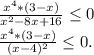 \frac{x^4*(3-x)}{x^2-8x+16}\leq 0\\ \frac{x^4*(3-x)}{(x-4)^2}\leq 0.