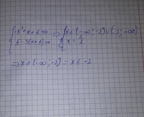4. Решите систему неравенств:-х? +x+6= 05 - 3(х+1) > x​