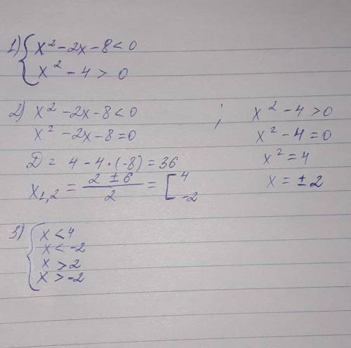 Знайти цілі розв'язки системи нерівностей {х^2 - 2х-8<0 {х^2- 4>0​