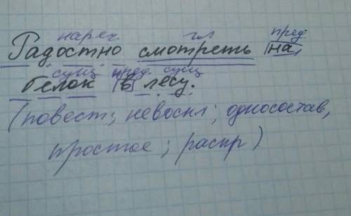 Синтаксический разбор предложения: радостно смотреть на белок в лесу. ​