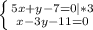 \left \{ {{5x+y-7=0|*3} \atop {x-3y-11=0}} \right.