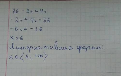 5. Розв'яжіть нерівність 36 - 2x <4х.