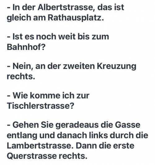 Ergänze die Präpositionen. - Wo wohnst du? -.. ..der Albertstrasse, das ist gleich ….. Rathausplatz.