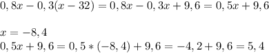 0,8x-0,3(x-32)=0,8x-0,3x+9,6=0,5x+9,6\\\\x=-8,4\\0,5x+9,6=0,5*(-8,4)+9,6=-4,2+9,6=5,4