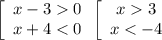 \left[\begin{array}{ccc}x - 3 0\\x + 4 < 0\end{array} \left[\begin{array}{ccc}x 3\\x < -4\end{array}