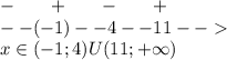 - \: \: \: \: \: \: \: \: + \: \: \: \: \: \: \: \: - \: \: \: \: \: \: \: \: + \\ - -( - 1) - - 4 - - 11 - - \\ x \in( - 1;4)U(11 ;+ \infty )