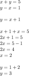 x + y = 5 \\ y - x = 1 \\ \\ y = x + 1 \\ \\ x + 1 + x = 5 \\ 2x + 1 = 5 \\ 2x = 5 - 1 \\ 2x = 4 \\ x = 2 \\ \\ y = 1 + 2 \\ y = 3