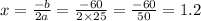 x = \frac{ - b}{2a} = \frac{ - 60}{2 \times 25} = \frac{ - 60}{50} = 1.2