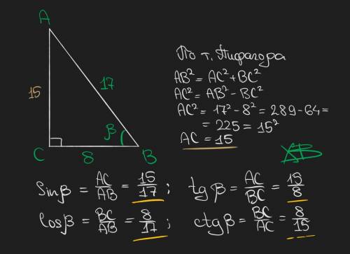 Дано Треуг ABC угол С=90 град AB=17 BC=8 найти sin cos tg и большой угол