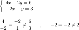 \left\{\begin{array}{l}4x-2y=6\\-2x+y=3\end{array}\right\\\\\\\dfrac{4}{-2}=\dfrac{-2}{1}\ne \dfrac{6}{3}\ \ \ \ \ ,\ \ \ \ \ -2=-2\ne 2