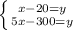 \left \{ {{x-20=y} \atop {5x-300=y}} \right.