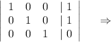 \left|\begin{array}{cccc}1&0&0&|\ 1\\0&1&0&|\ 1\\0&0&1&|\ 0\end{array}\right|\ \ \ \ \Rightarrow