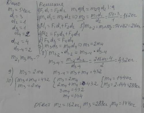 ❗❗❗ Дан многоуровневый рычаг, у которого масса противовеса m¹=54кг. Каковы массы противовесов m² , m