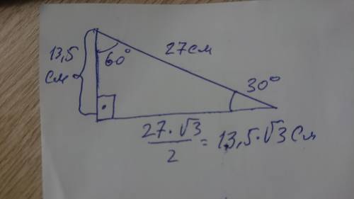У прямокутному тикутнику гіпотенуза дорівнює 27 см , гострий кут має 30°. Яку довжину може мати один