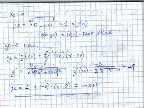 Запишите уравнение касательной к графику функции y = ∛(2х^2-3х+1) в точке х0 = 0