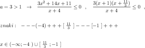 a=31\ \ \to \ \ \dfrac{3x^2+14x+11}{x+4}\leq 0\ \ ,\ \ \ \dfrac{3(x+1)(x+\frac{11}{3})}{x+4}\leq 0\ \ ,\\\\\\znaki:\ \ ---(-4)+++[\ \frac{11}{3}\ ]---[-1\ ]+++\\\\\\x\in (-\infty ;-4\ )\cup [\ \frac{11}{3}\ ;-1\ ]