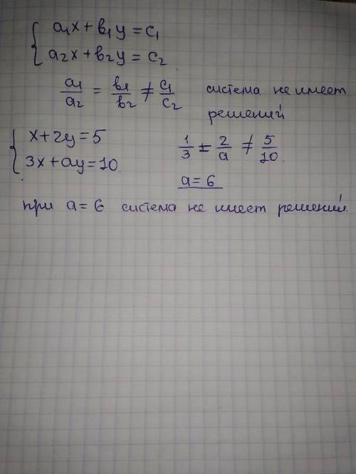 X+2y=5 3x-ay=10 при якому значенні a система рівнянь не має розв'язків?