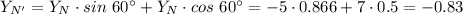 Y_{N'}= Y_N\cdot sin~60^\circ + Y_N\cdot cos~60^\circ = -5\cdot 0.866 + 7\cdot 0.5 = -0.83