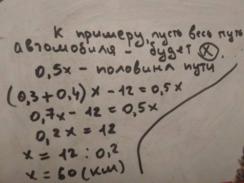 Когда автомобиль проехал 0,3, а потом ещё 0,4 всего пути, то ока- залось, что он проехал на 12 км бо