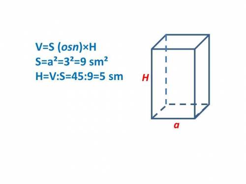 Сторона основи правильної чотирикутної призми дорівнює 3 см а її об’єм 45 см3. знайти висоту призми