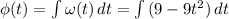 \phi(t) = \int{\omega(t)} \, dt = \int{(9 - 9t^2)} \, dt