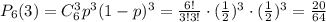 P_{6}(3)=C^{3}_{6}p^3(1-p)^3=\frac{6!}{3!3!}\cdot (\frac{1}{2})^3 \cdot (\frac{1}{2})^3 =\frac{20}{64}