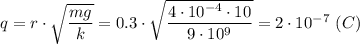 q = r\cdot \sqrt{\dfrac{mg}{k} } = 0.3\cdot \sqrt{\dfrac{4\cdot10^{-4}\cdot10}{9\cdot 10^9} } = 2\cdot10^{-7}~(C)