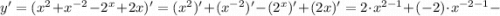 y'=(x^{2}+x^{-2}-2^{x}+2x)'=(x^{2})'+(x^{-2})'-(2^{x})'+(2x)'=2 \cdot x^{2-1}+(-2) \cdot x^{-2-1}-