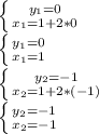 \left \{ {{y_{1} =0} \atop {x_{1} =1+2*0}} \right. \\ \left \{ {{y_{1} =0} \atop {x_{1} =1}} \right. \\ \left \{ {{y_{2} =-1} } \atop {x_{2} =1+2*(-1)}} \right. \\ \left \{ {{y_{2} =-1 } \atop {x_{2} =-1}} \right.