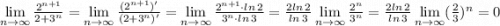 \lim\limits_{n\to \infty}\frac{2^{n+1}}{2+3^n}=\lim\limits_{n\to \infty}\frac{(2^{n+1})'_}{(2+3^n)'}=\lim\limits_{n\to \infty}\frac{2^{n+1}\cdot ln\,2}{3^n\cdot ln\,3}=\frac{2ln\,2}{ln\,3} \lim\limits_{n\to \infty}\frac{2^n}{3^n}=\frac{2ln\,2}{ln\,3} \lim\limits_{n\to \infty}(\frac{2}{3})^n=0