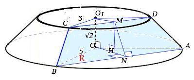 У зрізаному конусі радіуси основ дорівнюють 5 см і 3 см. Через дві його твірні проведено переріз пло