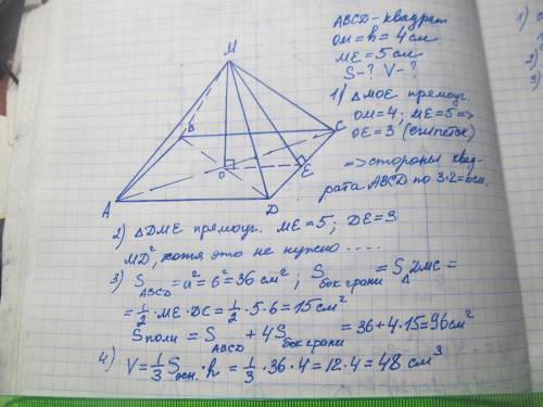 В правильной четырехугольной пирамиде МАВСД высота 4 см, апофема равна 5 см.Найдите площадь поверхно