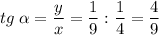 tg\;\alpha= \dfrac{y}{x}=\dfrac{1}{9} :\dfrac{1}{4}=\dfrac{4}{9}