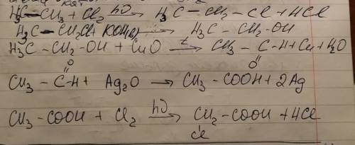 C2H6-C2H5Cl-->C2H5OH-->CH3-C=O-H-->CH3-C=O-OH-->CH2-C=O-OHCL под CH2